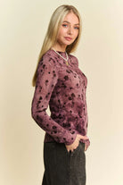Davi & Dani Burgundy Floral Mesh Long Sleeve Sheer Layering Top