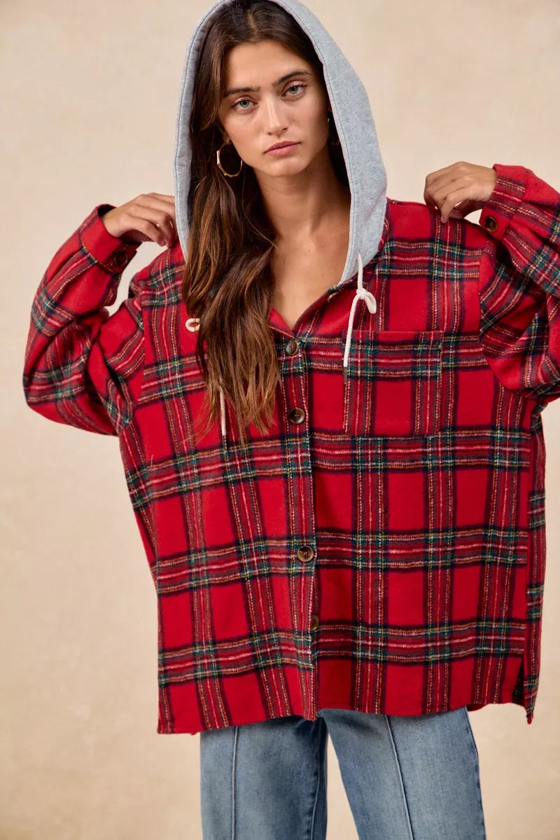 BiBi Brushed Plaid Hooded Jacket