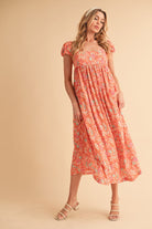 Aemi + Co Coral Cutout Back Floral Square Neck Puff Sleeve Midi Dress