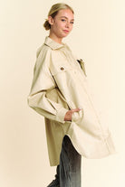 Davi & Dani Beige Faux Leather Button Up Jacket with Chest Pockets Coats & Jackets