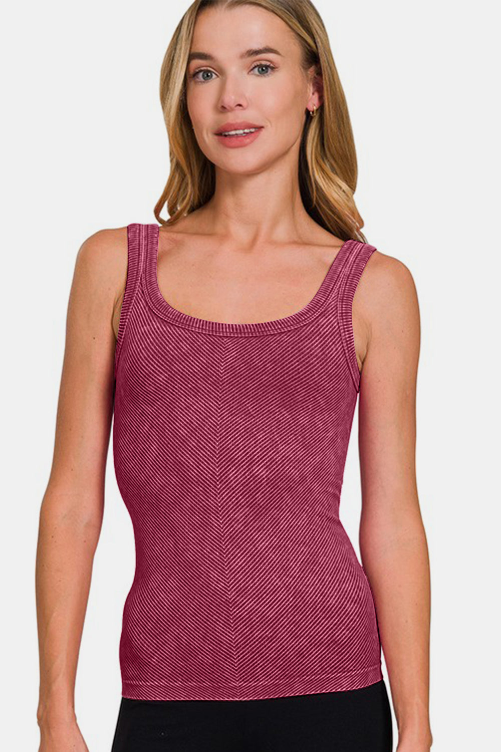 Zenana Burgundy Stone Washed Ribbed Scoop Neck Tank Top