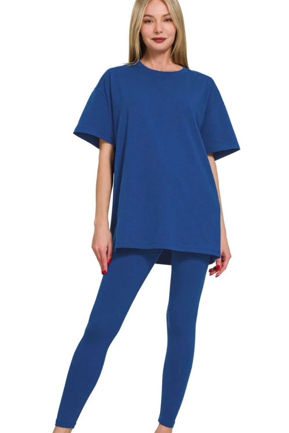 Zenana Light Navy Cotton Round Neck Top & Legging Set LT NAVY