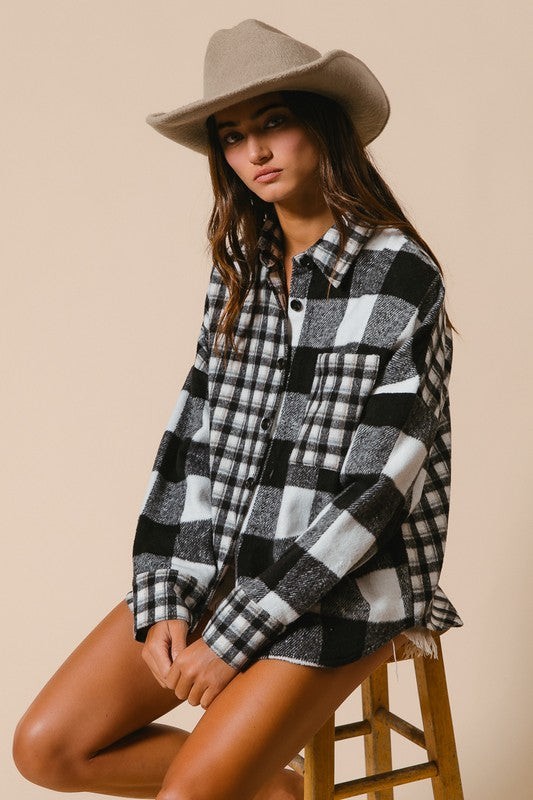 BiBi Mixed Plaid Fleece Button Down Long Sleeve Shirt Shirts & Tops