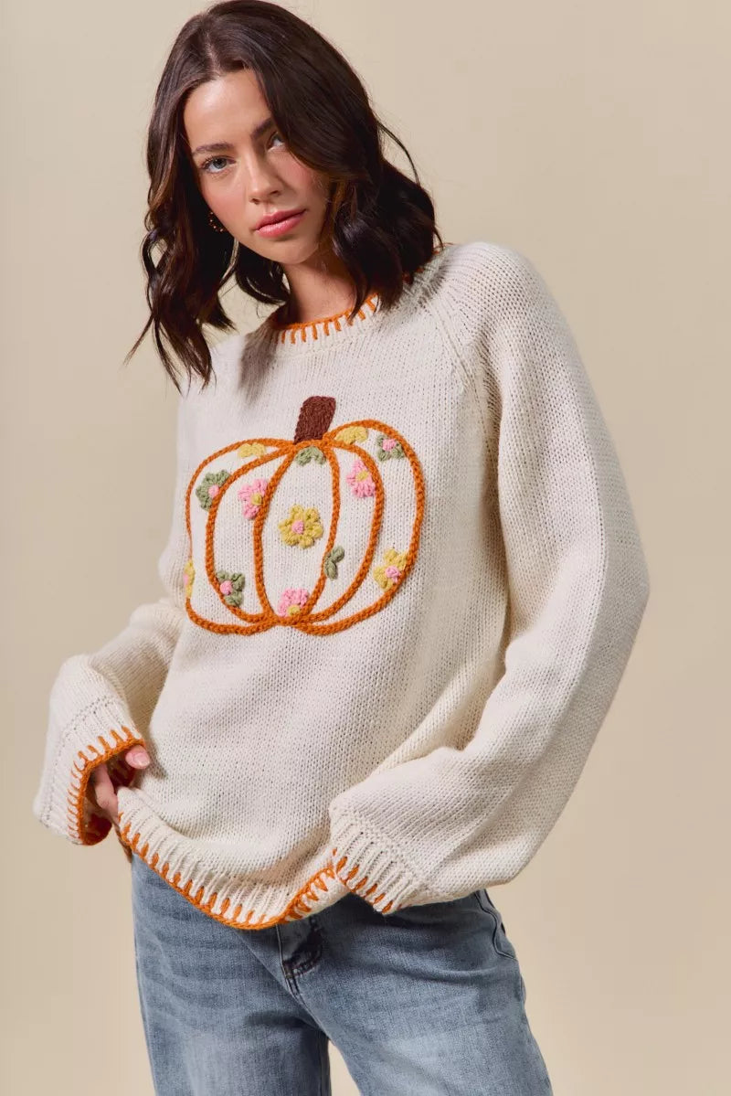 SO ME Pumpkin Floral Embroidered Thanksgiving Sweater