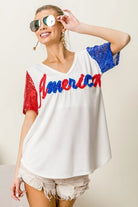 BiBi Metallic Letter America V-neck Sequin Sleeves Top