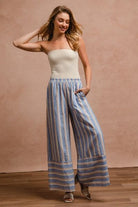 BiBi Denim Combo Striped Wide Leg Pants with Pockets