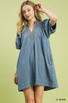 Umgee Denim Mini Dress with Contrast Thread LT. DENIM