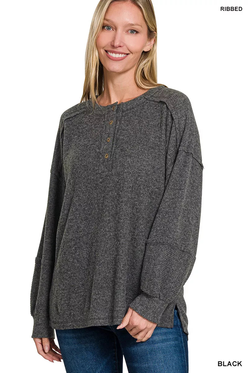 Zenana Black Ribbed Brushed Hacci Melange Henley Sweater BLACK