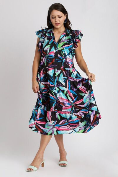 Umgee Black Leaf Print Double Layered Ruffle Sleeve Tiered Midi Dress