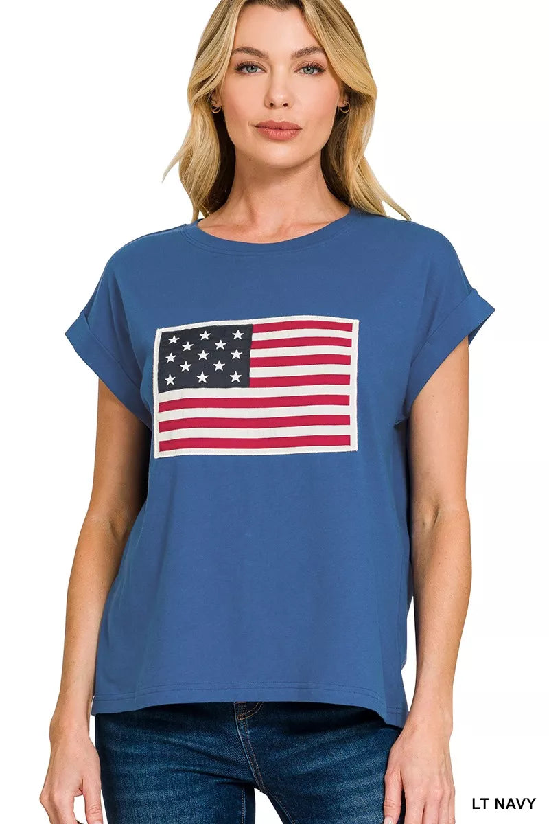Zenana Light Navy US Flag Round Neck Short Sleeve T-Shirt Plus Size LT NAVY