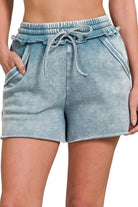 Zenana Blue Gray Acid Wash Fleece Drawstring Shorts With Pockets BLUE GREY