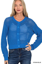 Zenana Ocean Blue Button Down Lightweight Crochet Cardigan Sweater