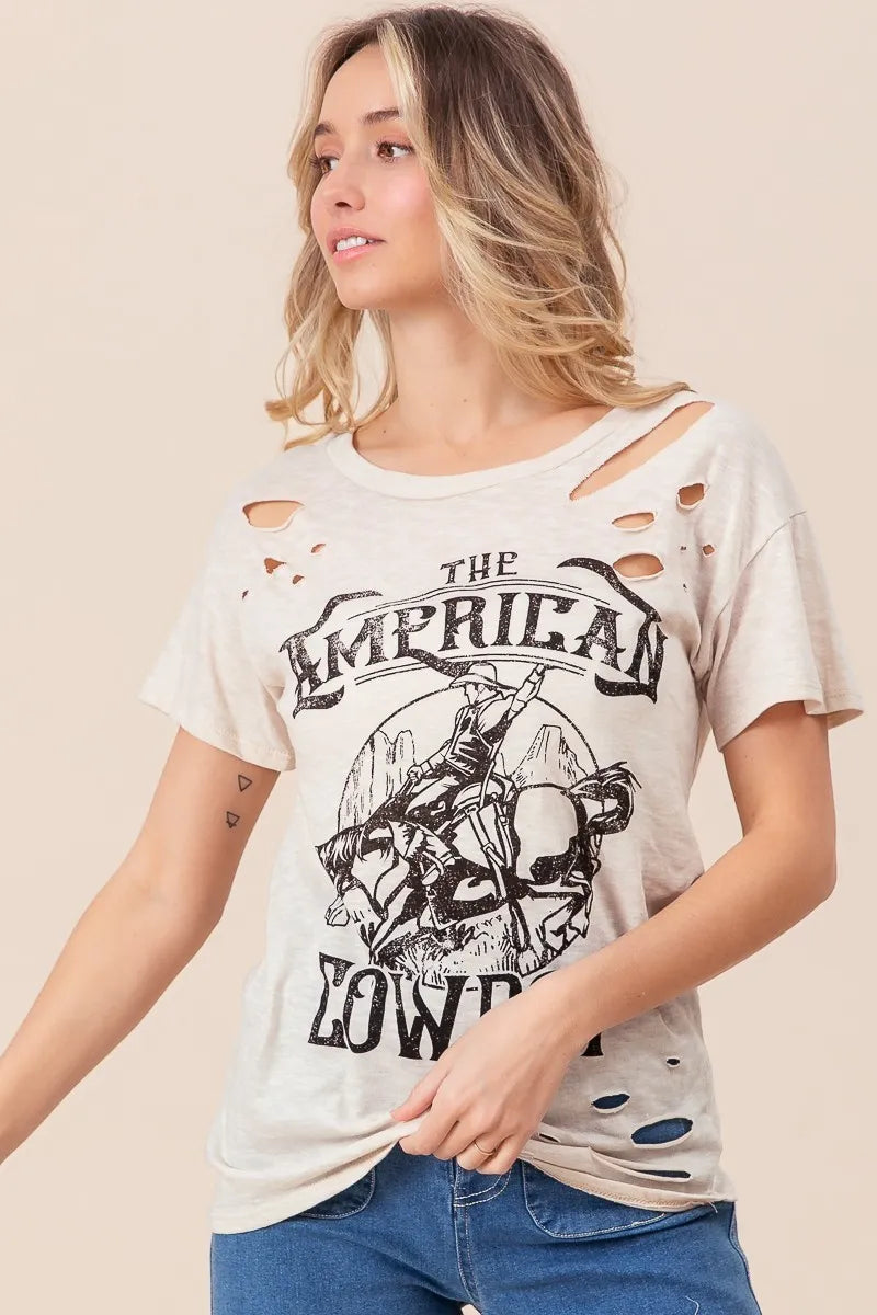 BiBi Taupe Cotton Slub Laser Top American Cow Boy Graphic