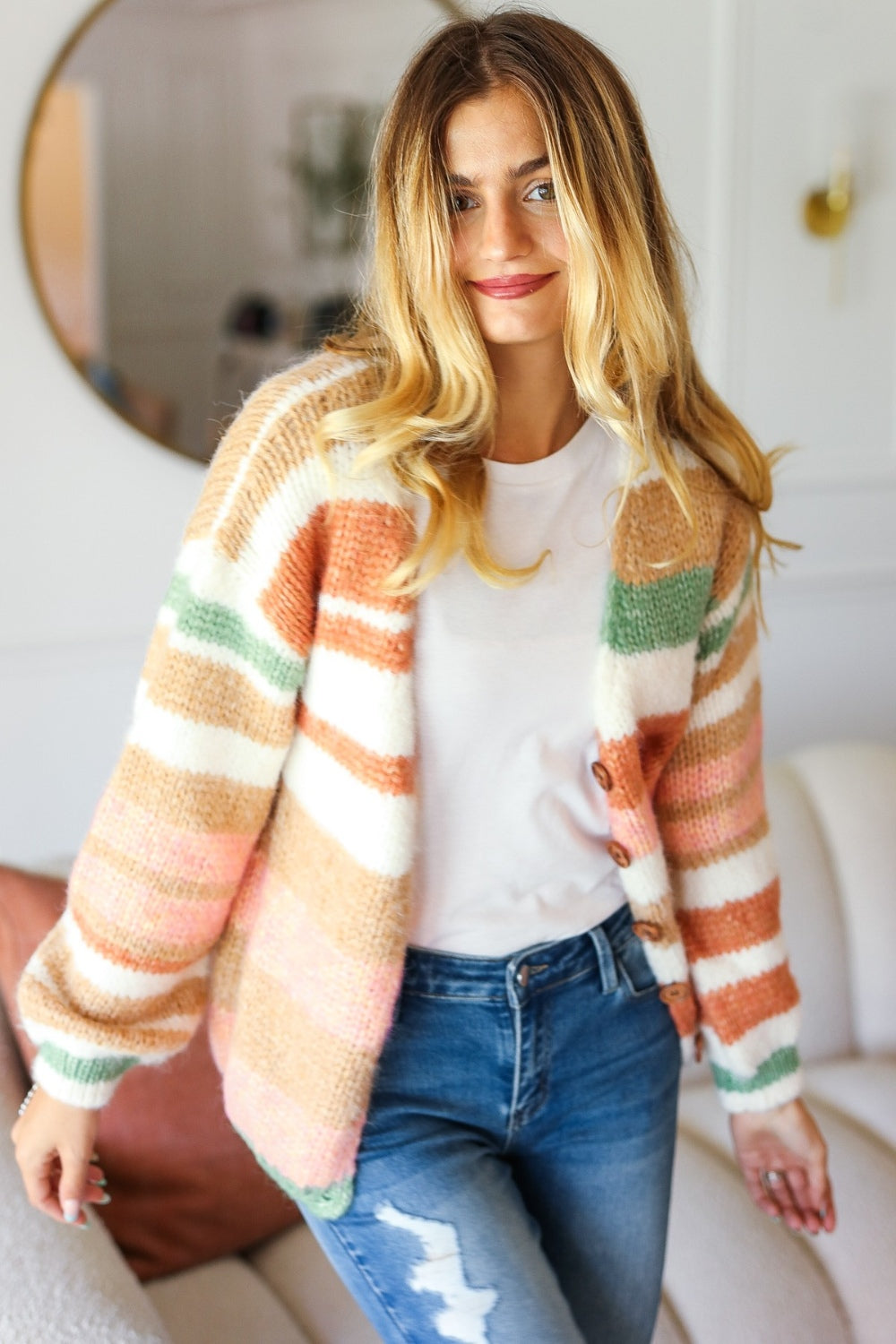Haptics Soft & Fuzzy Button Down Striped Sweater Cardigan Taupe Sage Rust Trendsi