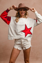 BiBi Star Patch And Spliced Hemline French Terry Long Sleeve Sweatshirt IVORY RED BURGUNDY