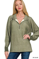 Zenana Ribbed Two Tone Half Zip Sweater in Dark Olive