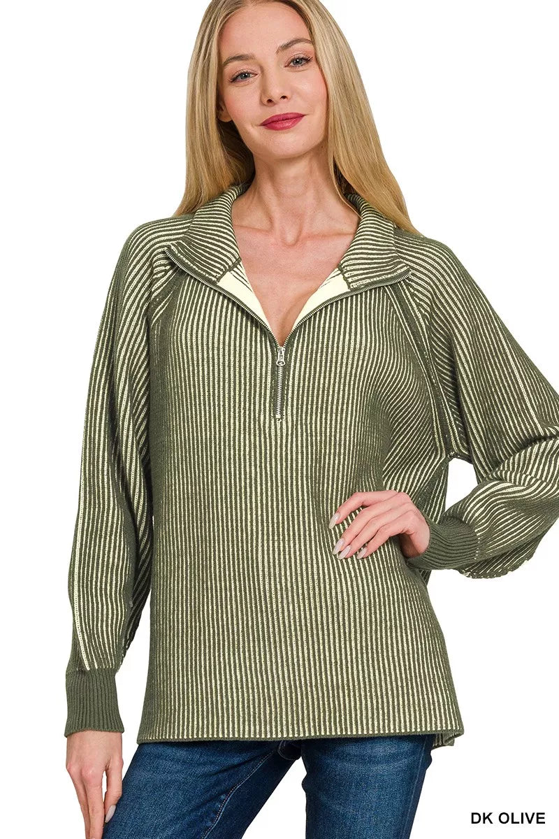 Zenana Ribbed Two Tone Half Zip Sweater in Dark Olive