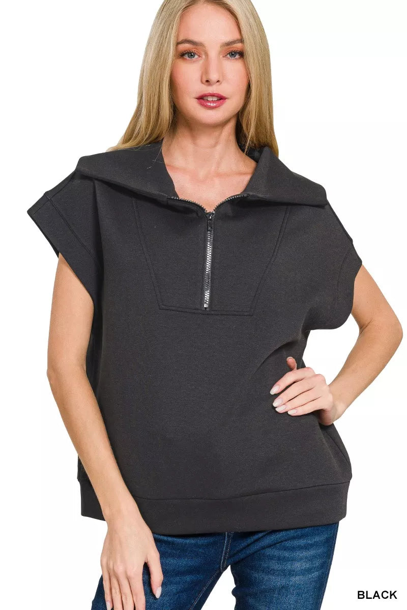 Zenana Black Scuba Half Zip Top BLACK