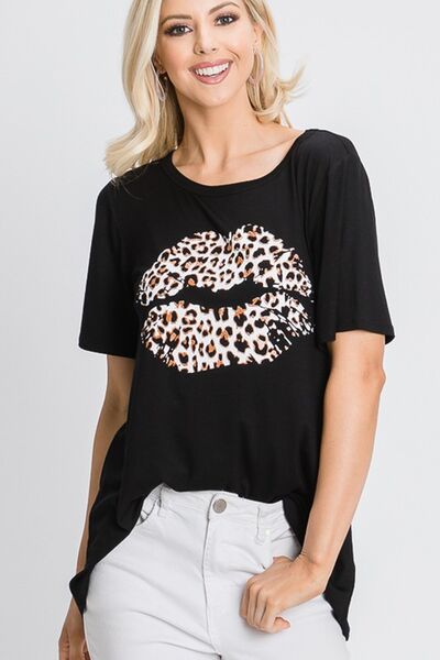 Heimish Black Leopard Lip Round Neck Short Sleeve T-Shirt