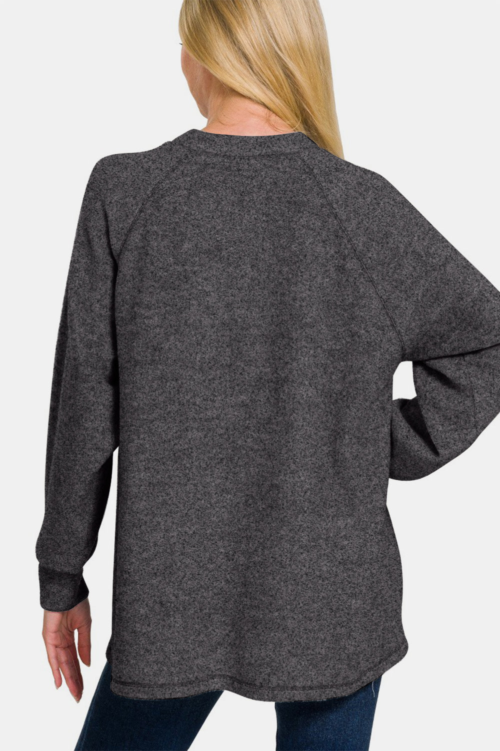 Zenana Brushed Melange Hacci High-Low Henley Sweater in Black Shirts & Tops