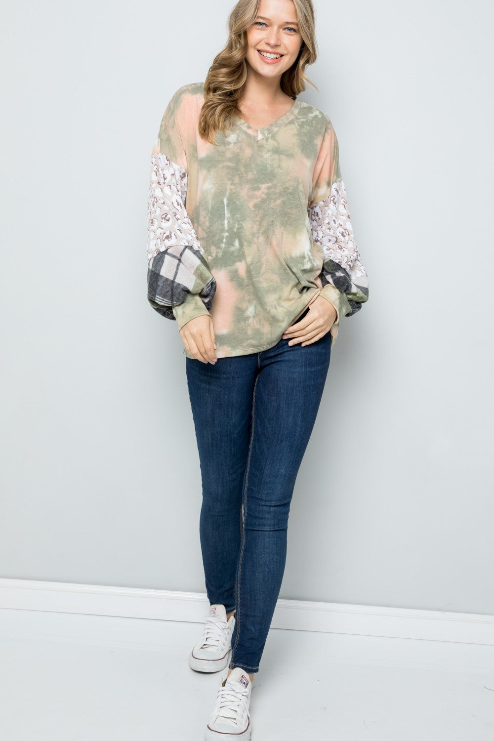 Celeste Olive Tie-Dye V-Neck Printed Sleeve Blouse