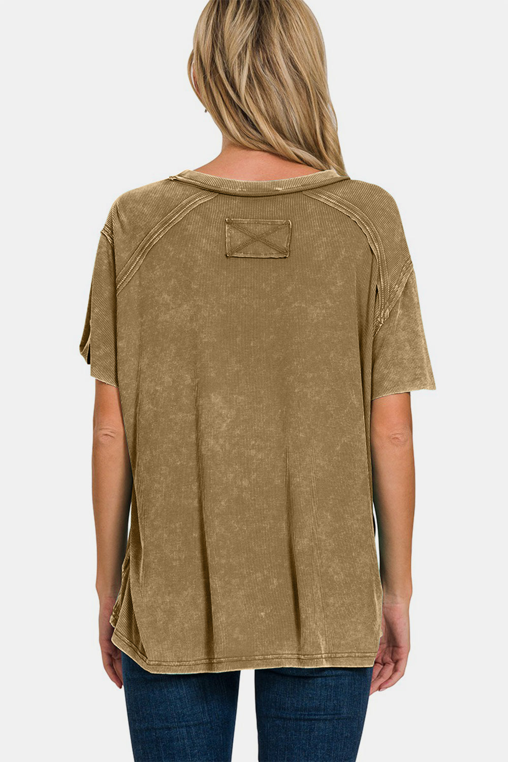 Zenana Mocha Washed Ribbed Short Sleeve Top Trendsi