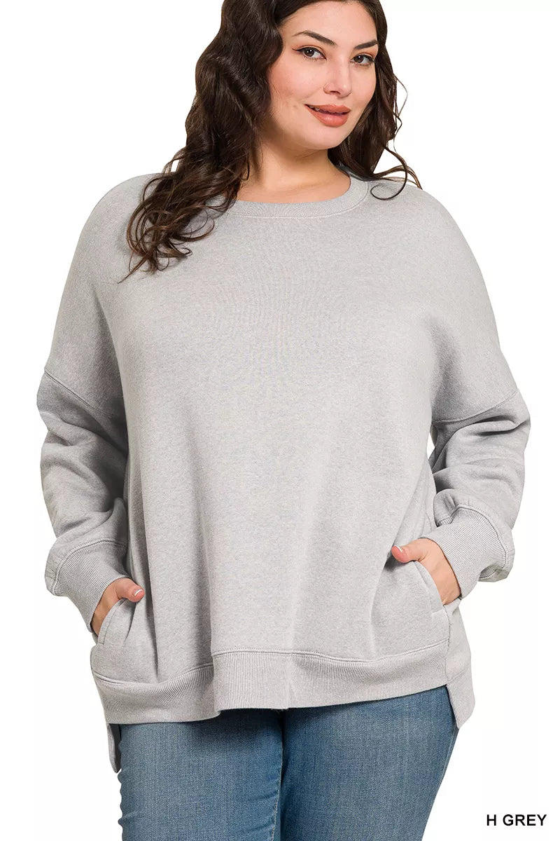 Zenana Heather Grey Fleece Hi-low Boyfriend Sweatshirts with Pockets