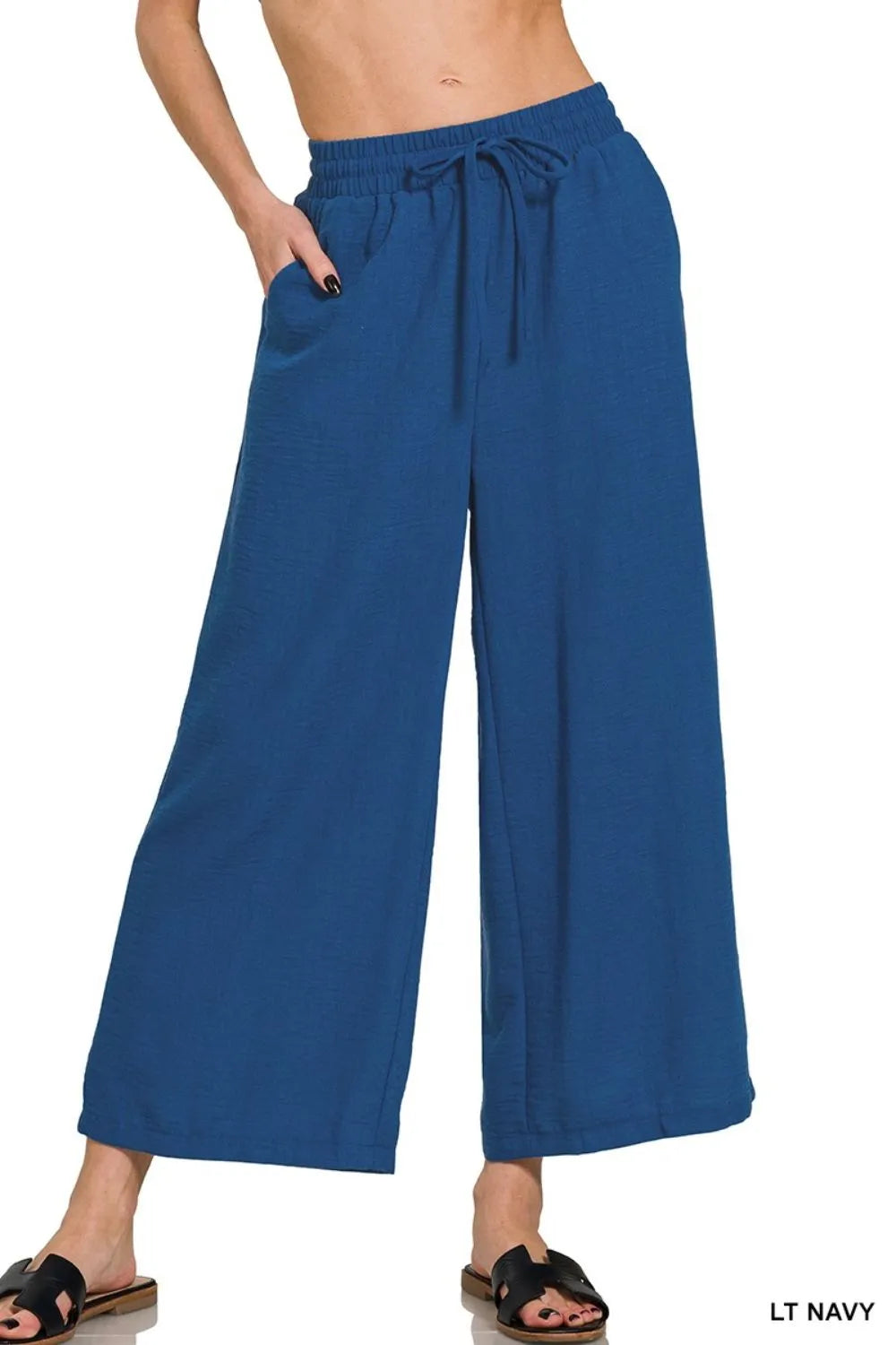 Zenana Light Navy Woven Crepe Elastic Band Waist Cropped Pants LT NAVY