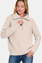 Zenana Mocha Half Zip Long Sleeve Sweater Shirts & Tops