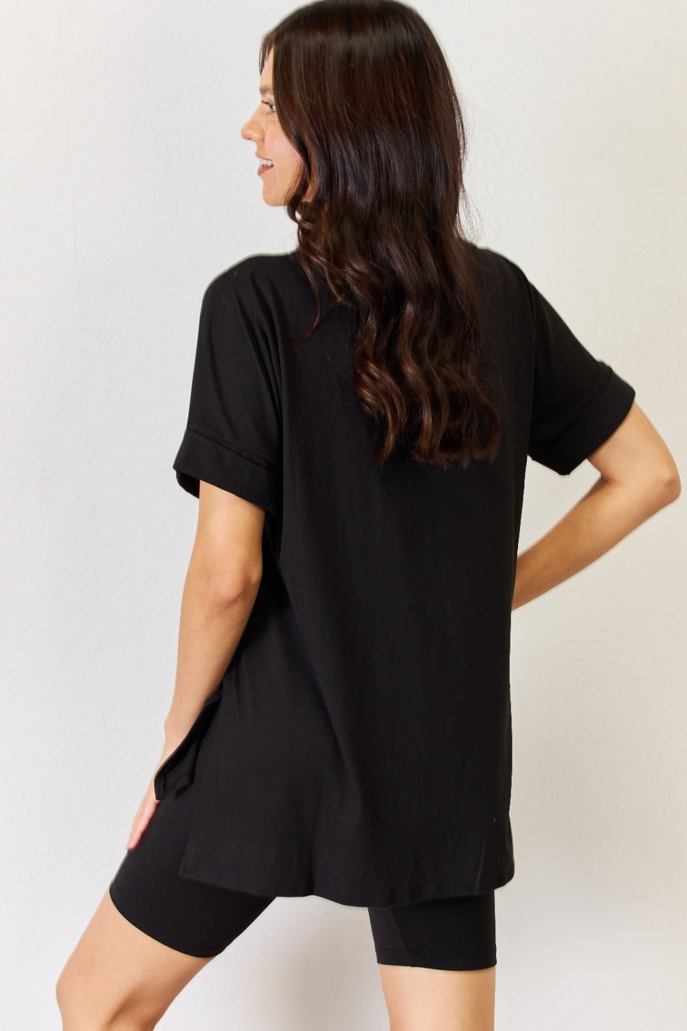 Zenana Black V-Neck Short Sleeve Slit T-Shirt and Shorts Set Trendsi