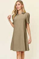 Double Take Quilted Textured Collared Neck Puff Sleeve Dress Khaki Trendsi