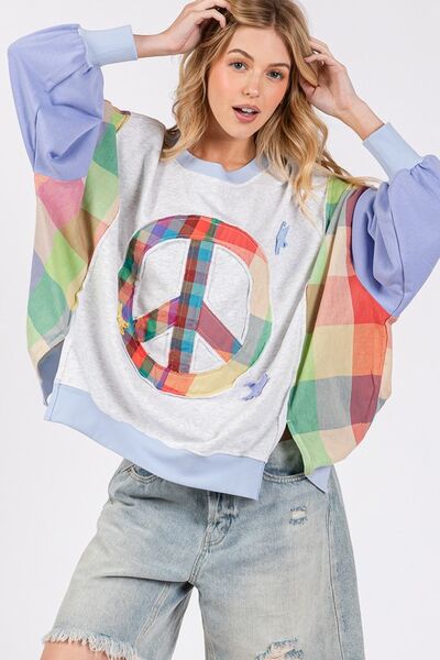 SAGE + FIG Blue Purple Contrast Peace Patch Dropped Shoulder Sweatshirt