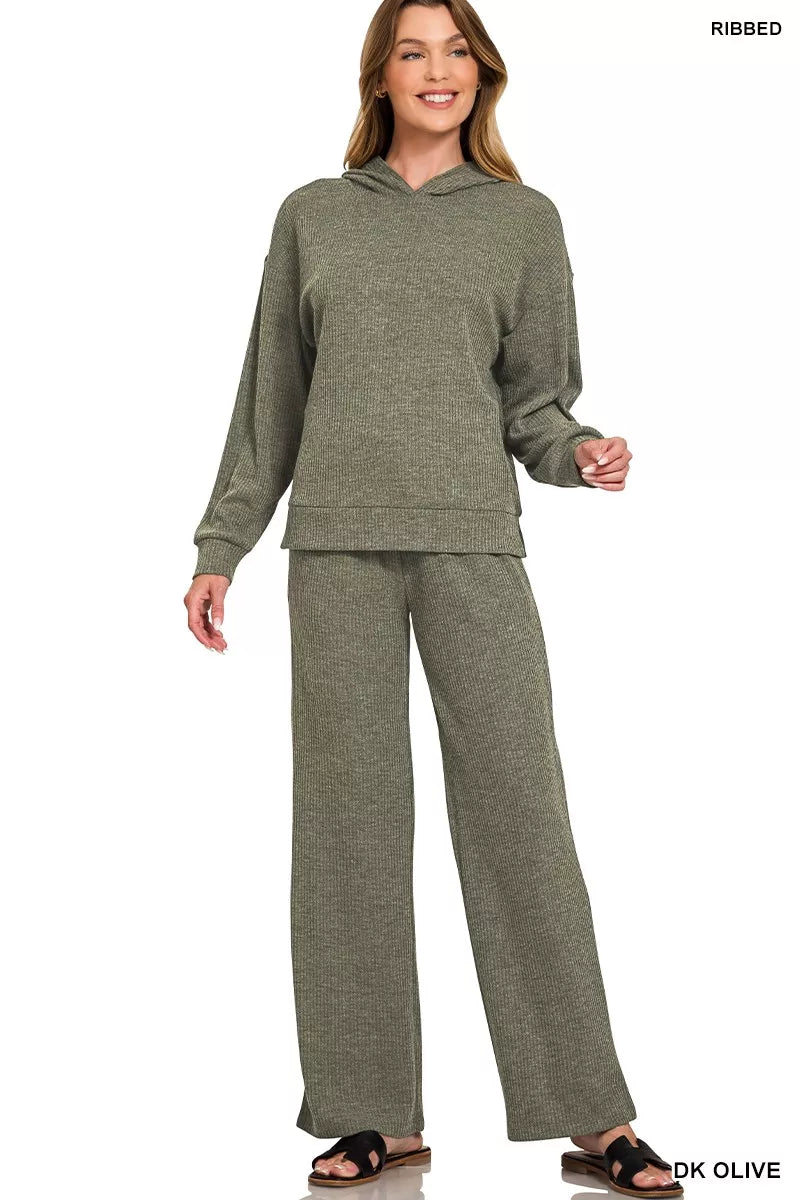 Zenana Dark Olive Ribbed Drawstring Lounge Pants