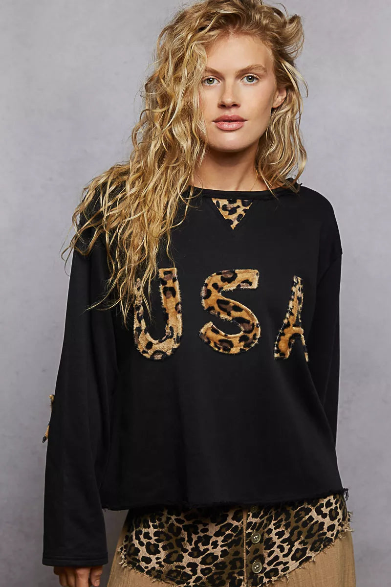 POL Black Round Neck Long Sleeve French Terry Sweatshirt with USA Letter Animal Patch Black