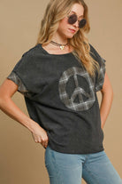 Umgee Black & Plaid Washed Peace Applique Round Neck French Terry Top Shirts & Tops