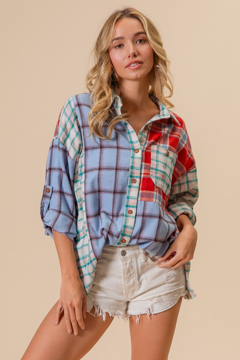 BiBi Denim Color Block Plaid Button Down Shirt Trendsi