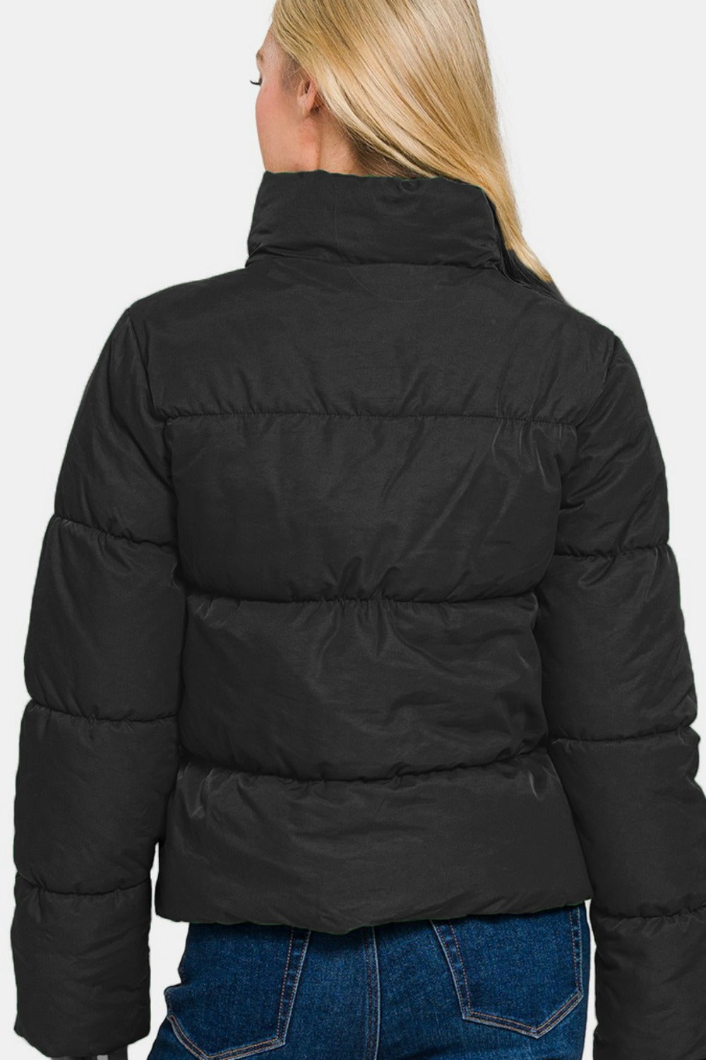 Zenana Black Zip Up Turtleneck Puffer Jacket with Pockets Trendsi