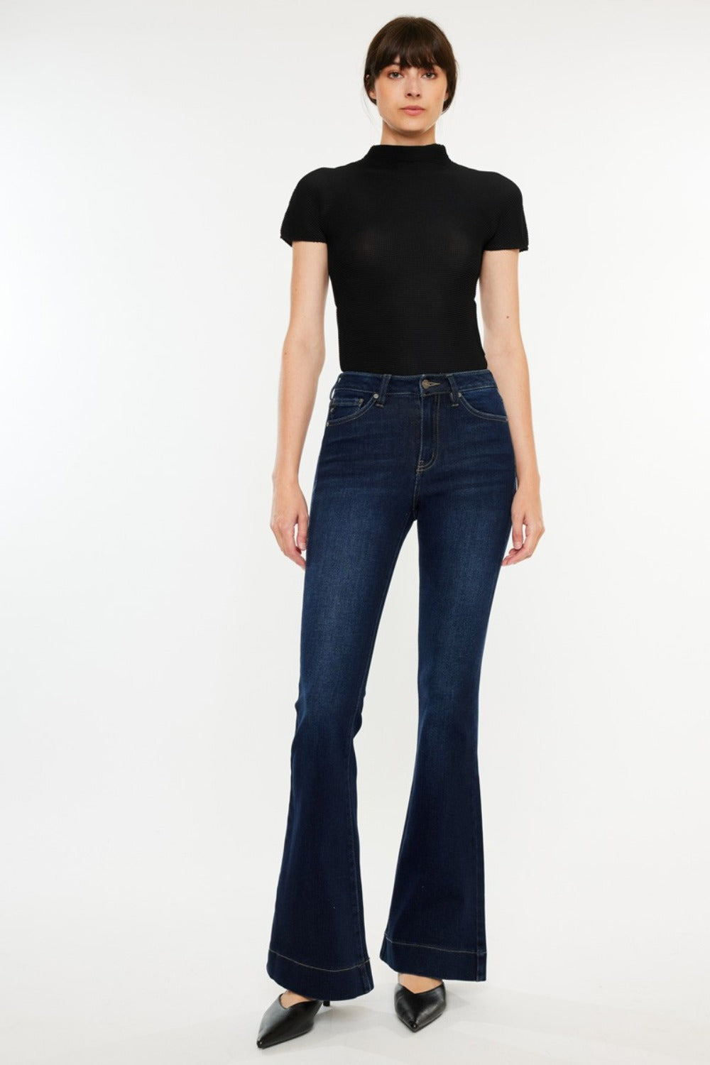 Kancan Dark Washed High Rise Slim Flare Jeans Trendsi