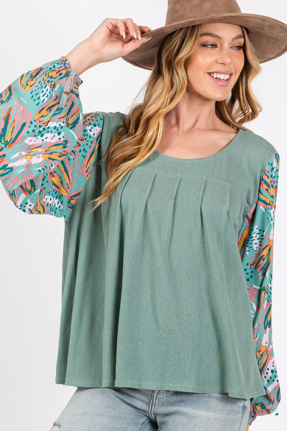 SAGE + FIG Ruched Round Neck Printed Bubble Sleeve Top Sage Trendsi