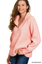 Zenana Ribbed Two Tone Half Zip Sweater r in Dark Pink/Taupe