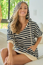 BiBi Stripe Fleece Notch Neck Short Sleeve Hoodie