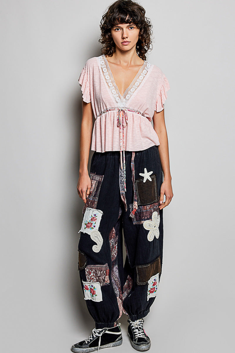 POL Blush Tied Ruffled V-Neck Short Sleeve Blouse with Lace Detail