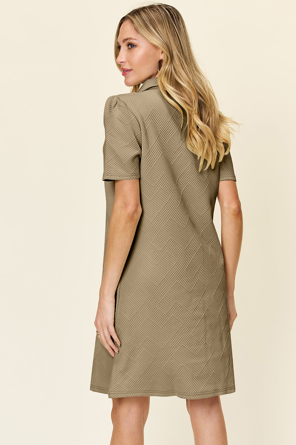 Double Take Quilted Textured Collared Neck Puff Sleeve Dress Trendsi