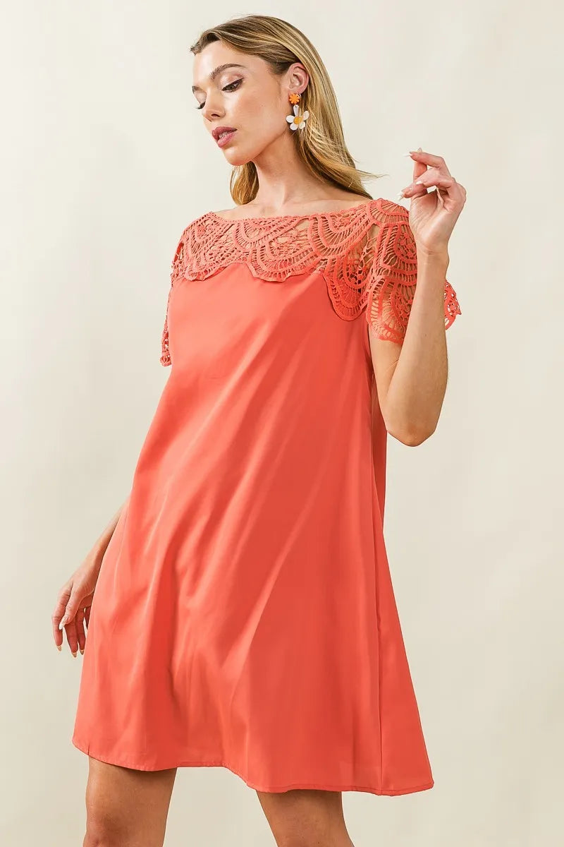 BiBi Apricot Crochet Lace Yoke Detailed Wrinkled Dress