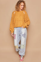 POL Honey Mustard Cable Knit Key Hole Cutout Balloon Sleeve Sweater Trendsi