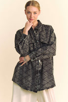 Davi & Dani Black Curved Hem Diamond Quilted Button Up Denim Shacket Trendsi