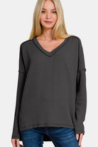 Zenana Black Ribbed Exposed Seam V-Neck Long Sleeve Top Shirts & Tops