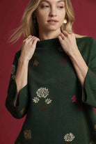 Umgee Hunter Green Floral Mock Neck Knit Top with Wide Sleeves