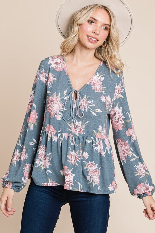 Super Lady Babydoll Floral Long Sleeve Blouse Floral Shirts & Tops