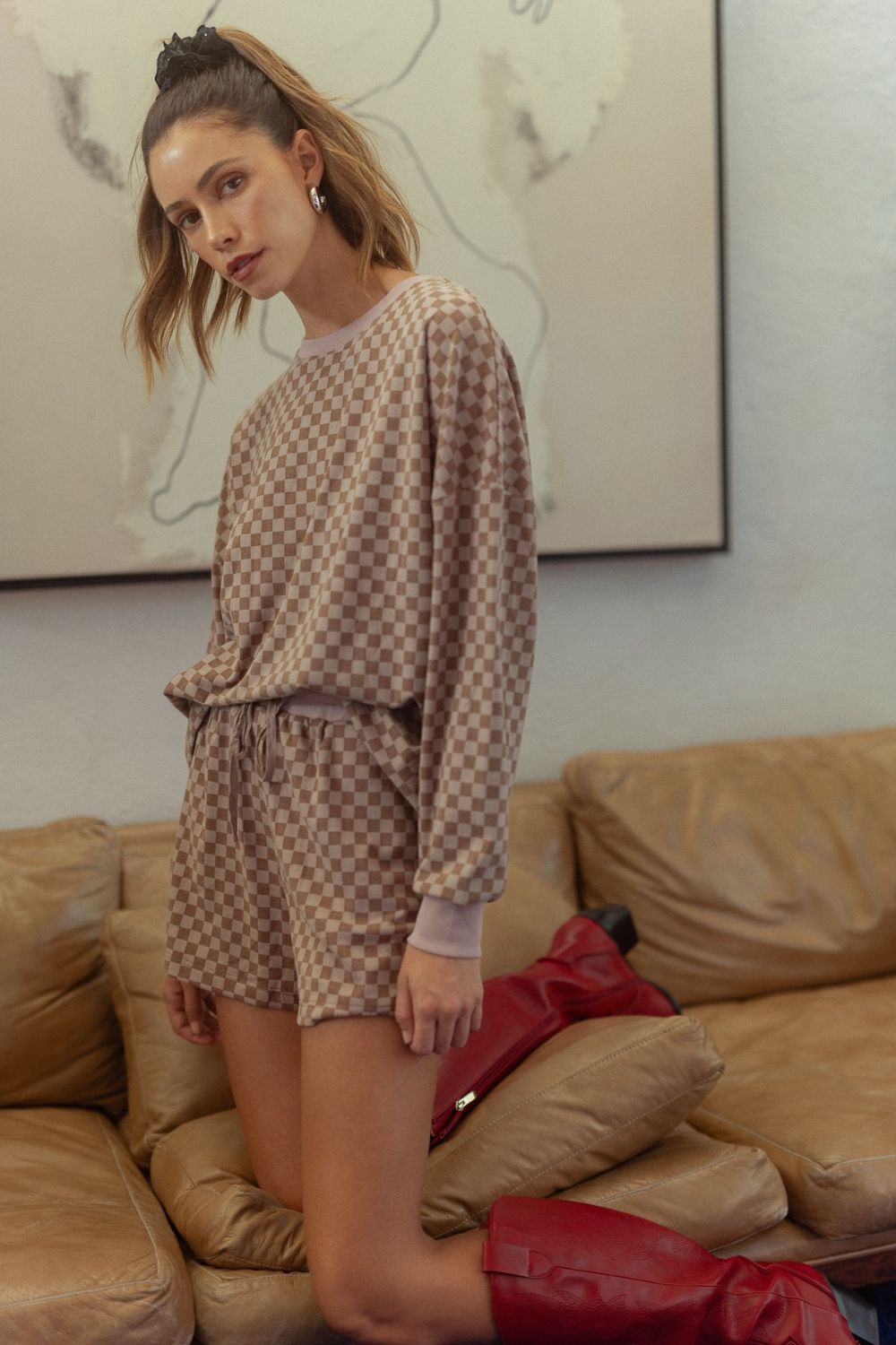 Annie Wear Mocha Checkered Round Neck Top and Drawstring Shorts Set Loungewear Set